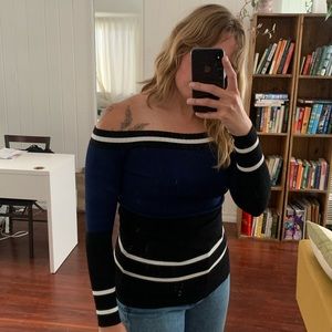 Off the shoulder color-blocked sweater